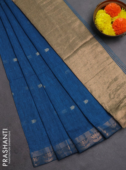 Bengal soft cotton saree cs blue with allover thread woven buttas and zari woven butta border