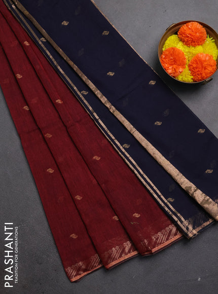 Bengal soft cotton saree maroon and navy blue with allover thread woven buttas and zari woven border
