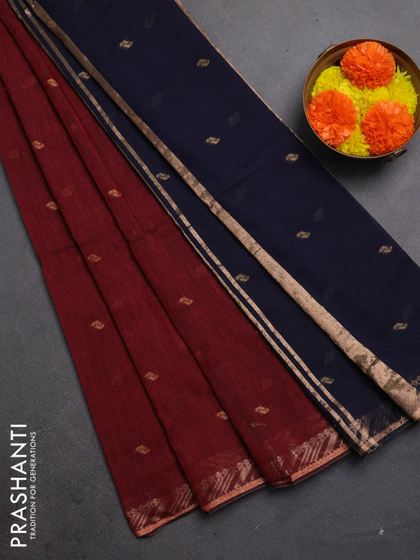 Bengal soft cotton saree maroon and navy blue with allover thread woven buttas and zari woven border
