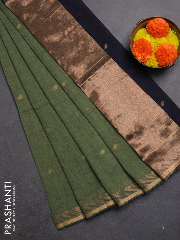 Bengal soft cotton saree pastel green and navy blue with allover thread woven buttas and zari woven border