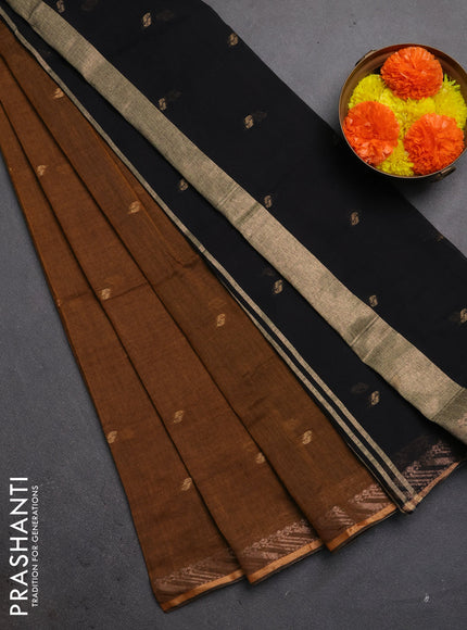Bengal soft cotton saree dark mustard and black with allover thread woven buttas and zari woven border