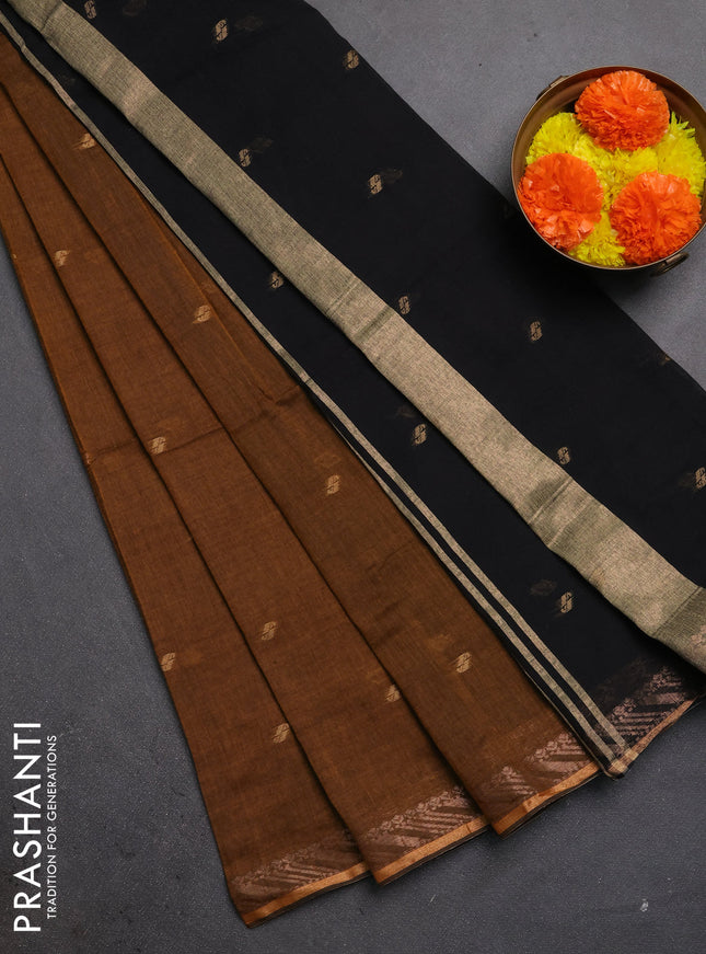 Bengal soft cotton saree dark mustard and black with allover thread woven buttas and zari woven border