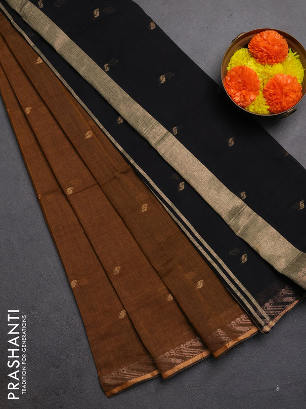 Bengal soft cotton saree dark mustard and black with allover thread woven buttas and zari woven border