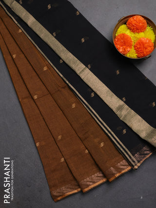 Bengal soft cotton saree dark mustard and black with allover thread woven buttas and zari woven border