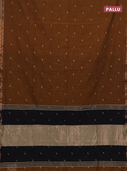 Bengal soft cotton saree dark mustard and black with allover thread woven buttas and zari woven border