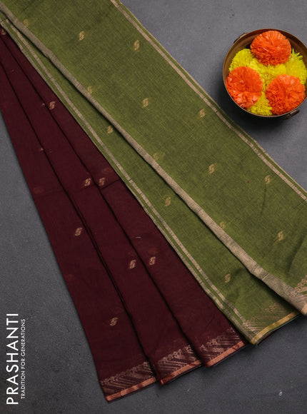 Bengal soft cotton saree deep wine and mehendi green with allover thread woven buttas and zari woven border
