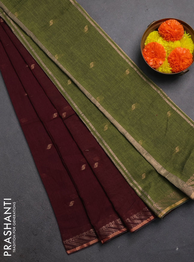 Bengal soft cotton saree deep wine and mehendi green with allover thread woven buttas and zari woven border