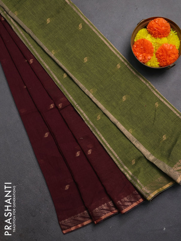 Bengal soft cotton saree deep wine and mehendi green with allover thread woven buttas and zari woven border