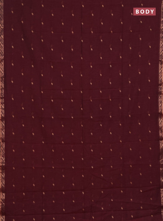 Bengal soft cotton saree deep wine and mehendi green with allover thread woven buttas and zari woven border