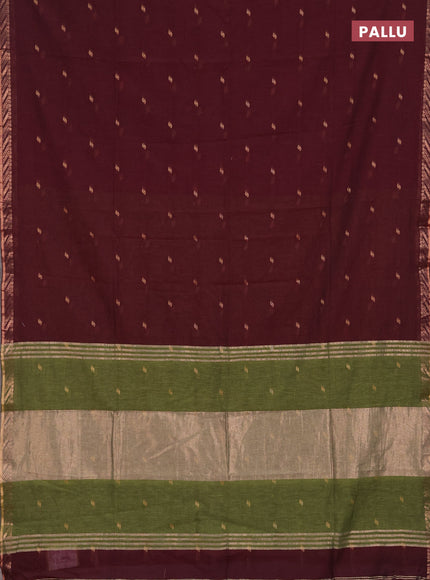 Bengal soft cotton saree deep wine and mehendi green with allover thread woven buttas and zari woven border