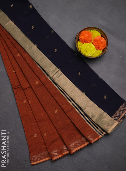 Bengal soft cotton saree orange and navy blue with allover thread woven buttas and zari woven border