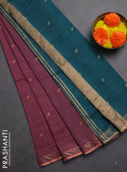Bengal soft cotton saree mauve pink and green with allover thread woven buttas and zari woven border