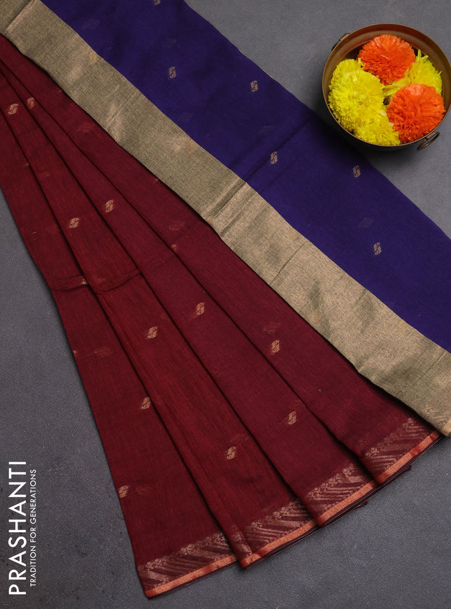 Bengal soft cotton saree maroon and blue with allover thread woven buttas and zari woven border