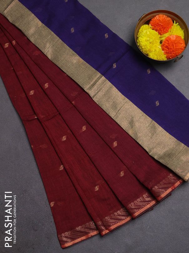 Bengal soft cotton saree maroon and blue with allover thread woven buttas and zari woven border