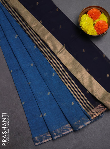 Bengal soft cotton saree cs blue and navy blue with allover thread woven buttas and zari woven border