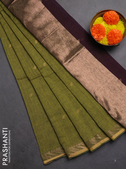 Bengal soft cotton saree mehendi green and deep purple with allover thread woven buttas and zari woven border