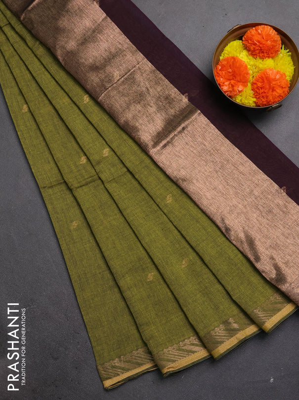 Bengal soft cotton saree mehendi green and deep purple with allover thread woven buttas and zari woven border