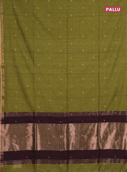 Bengal soft cotton saree mehendi green and deep purple with allover thread woven buttas and zari woven border