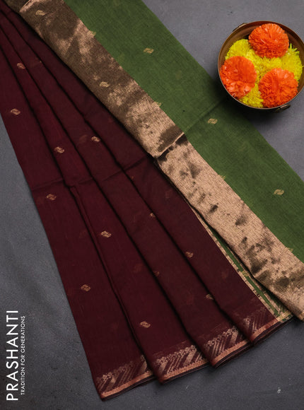 Bengal soft cotton saree deep maroon and light green with allover thread woven buttas and zari woven border