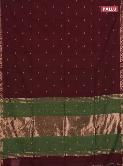 Bengal soft cotton saree deep maroon and light green with allover thread woven buttas and zari woven border