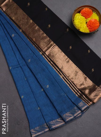 Bengal soft cotton saree cs blue and black with allover thread woven buttas and zari woven border