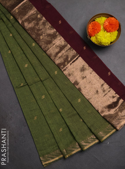 Bengal soft cotton saree mehendi green and deep maroon with allover thread woven buttas and zari woven border