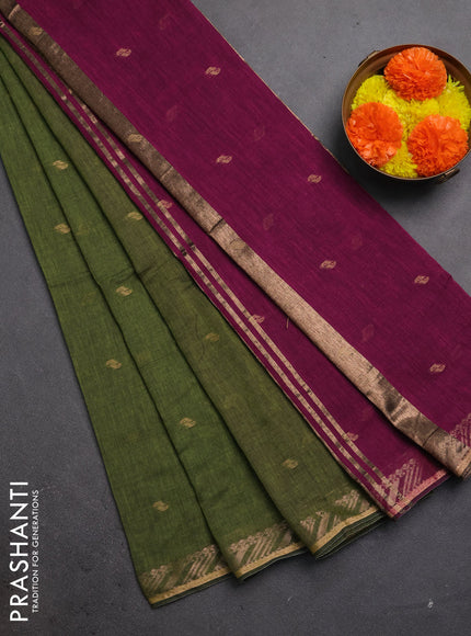 Bengal soft cotton saree mehendi green and pink with allover thread woven buttas and zari woven border