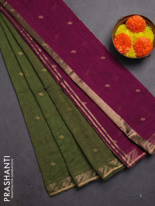 Bengal soft cotton saree mehendi green and pink with allover thread woven buttas and zari woven border