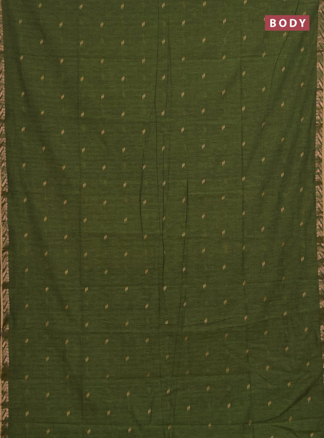 Bengal soft cotton saree mehendi green and pink with allover thread woven buttas and zari woven border