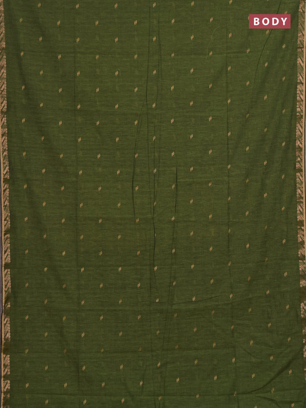 Bengal soft cotton saree mehendi green and pink with allover thread woven buttas and zari woven border