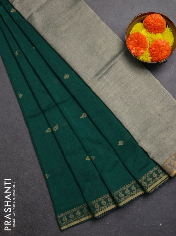 Bengal soft cotton saree green with allover thread woven buttas and thread woven butta border