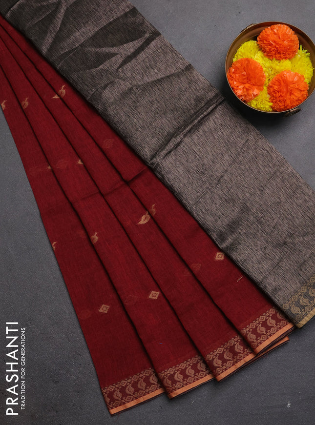 Bengal soft cotton saree maroon with allover thread woven buttas and thread woven butta border