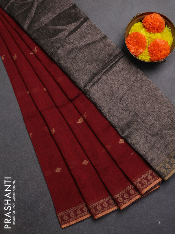 Bengal soft cotton saree maroon with allover thread woven buttas and thread woven butta border