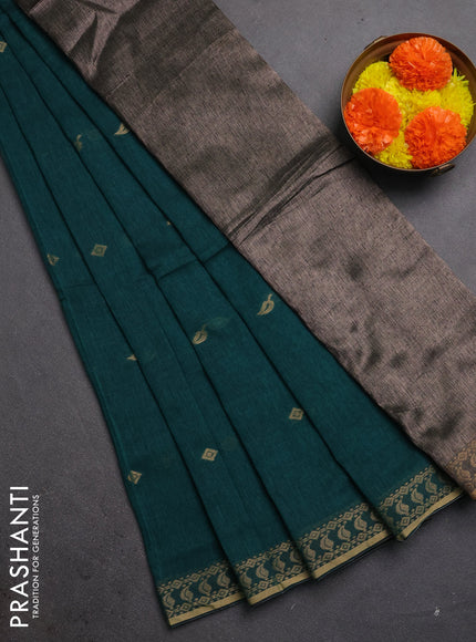 Bengal soft cotton saree peacock green with allover thread woven buttas and zari woven border
