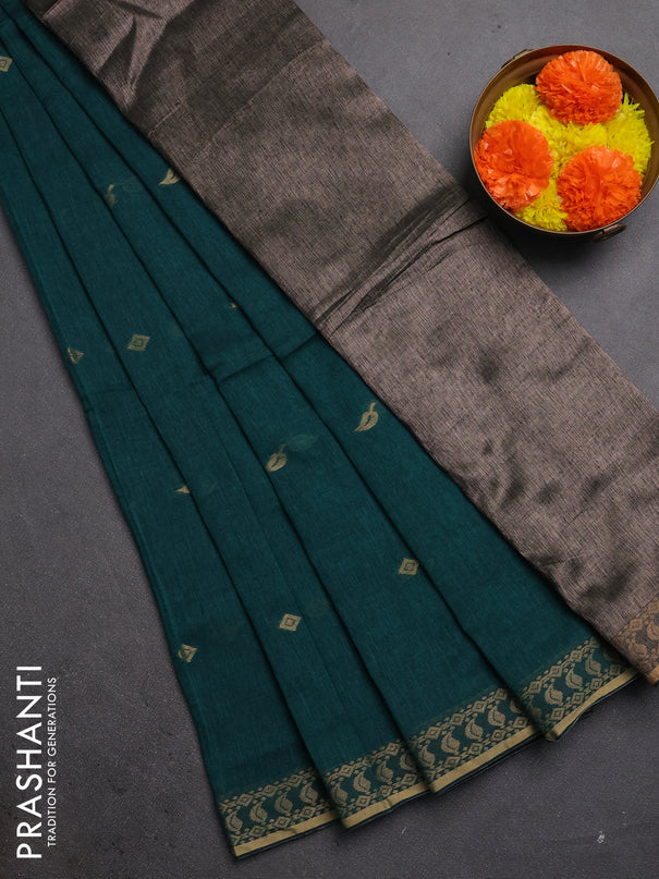 Bengal soft cotton saree peacock green with allover thread woven buttas and zari woven border