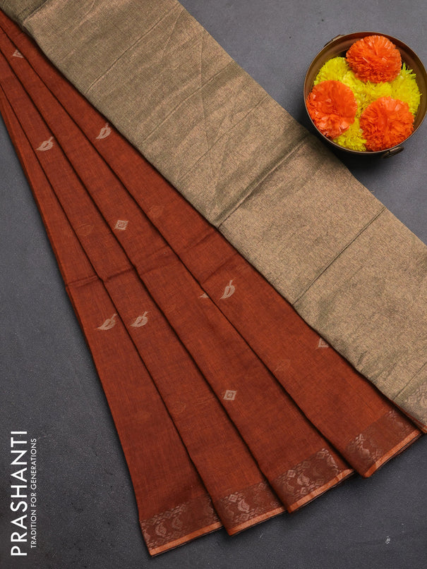 Bengal soft cotton saree orange with allover thread woven buttas and zari woven border