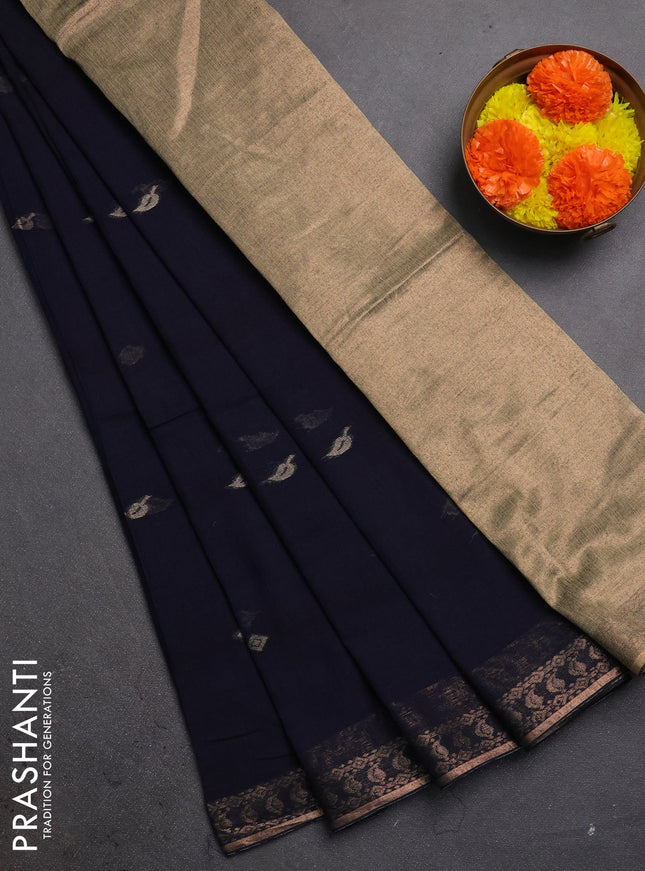 Bengal soft cotton saree navy blue with allover thread woven buttas and zari woven border
