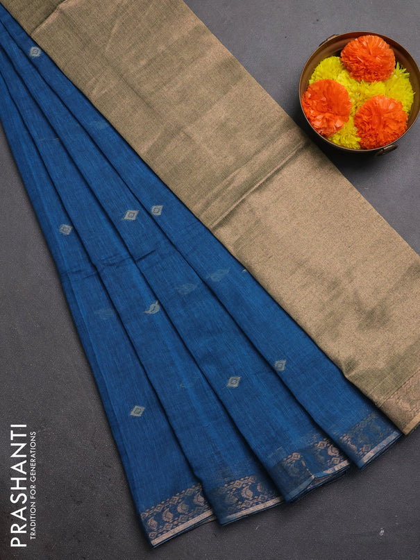 Bengal soft cotton saree cs blue with allover thread woven buttas and zari woven border