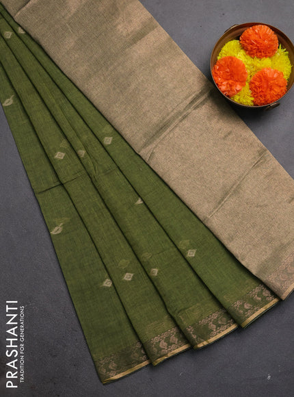 Bengal soft cotton saree mehendi green with allover thread woven buttas and zari woven border