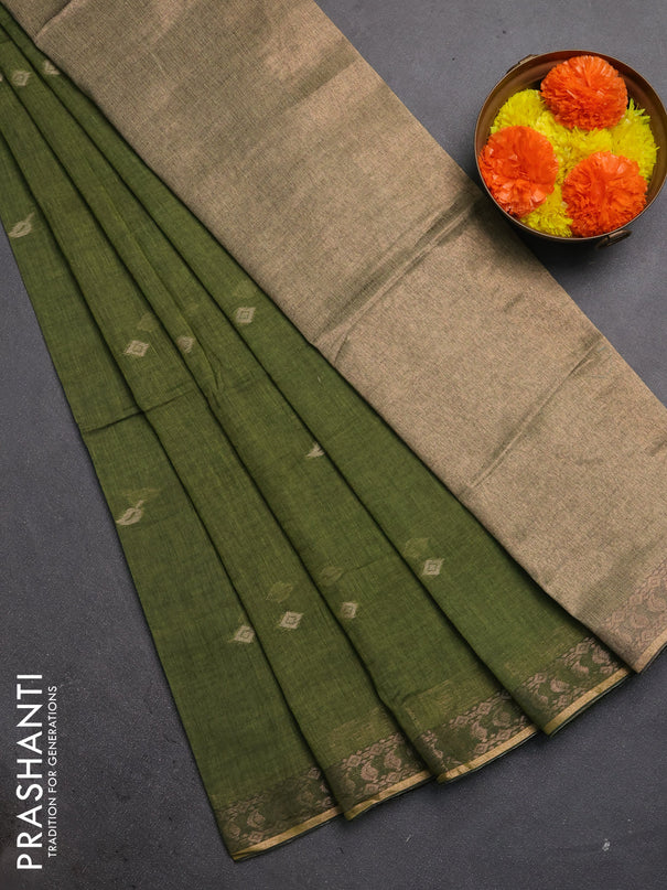 Bengal soft cotton saree mehendi green with allover thread woven buttas and zari woven border