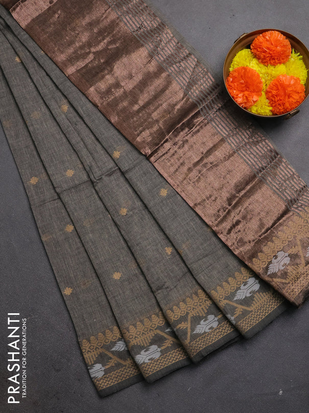 Bengal soft cotton saree grey with allover thread woven buttas and thread woven butta border