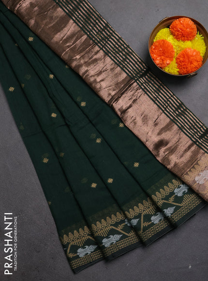 Bengal soft cotton saree bottle green with allover thread woven buttas and thread woven butta border
