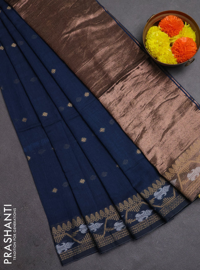 Bengal soft cotton saree peacock blue with allover thread woven buttas and thread woven butta border