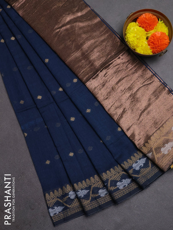 Bengal soft cotton saree peacock blue with allover thread woven buttas and thread woven butta border