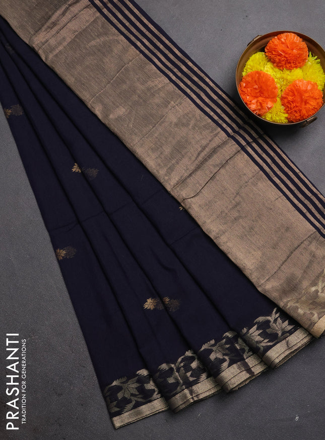 Bengal soft cotton saree navy blue with allover thread woven buttas and zari woven border