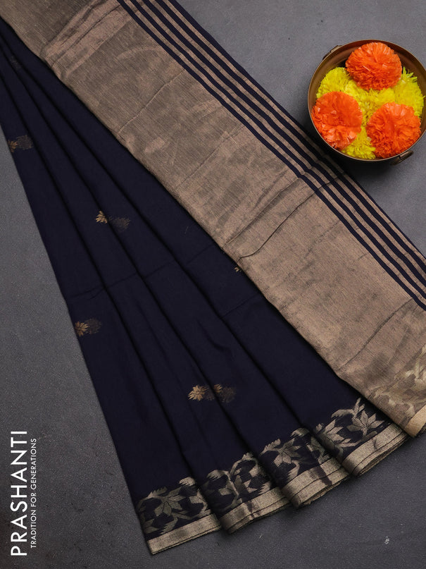 Bengal soft cotton saree navy blue with allover thread woven buttas and zari woven border