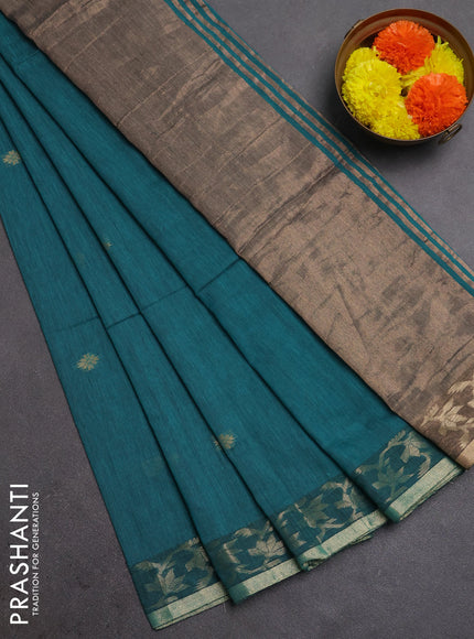 Bengal soft cotton saree teal green with allover thread woven buttas and zari woven border