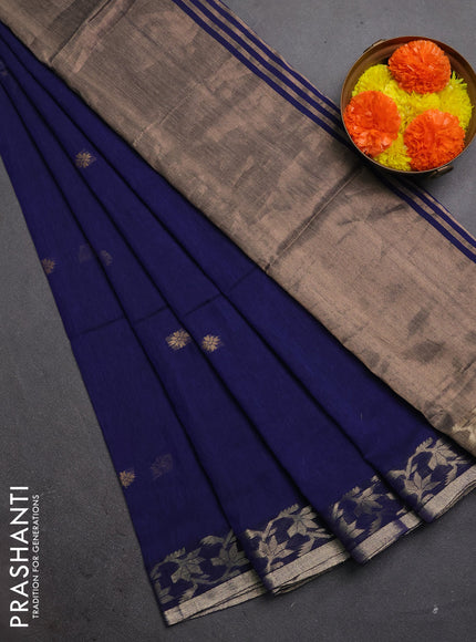 Bengal soft cotton saree navy blue with allover thread woven buttas and zari woven border