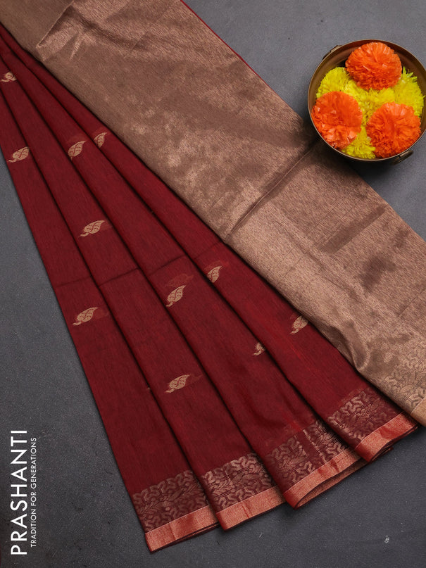 Bengal soft cotton saree maroon with allover thread woven buttas and zari woven border