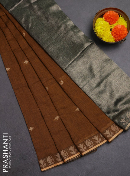 Bengal soft cotton saree dark mustard with allover thread woven buttas and thread woven border